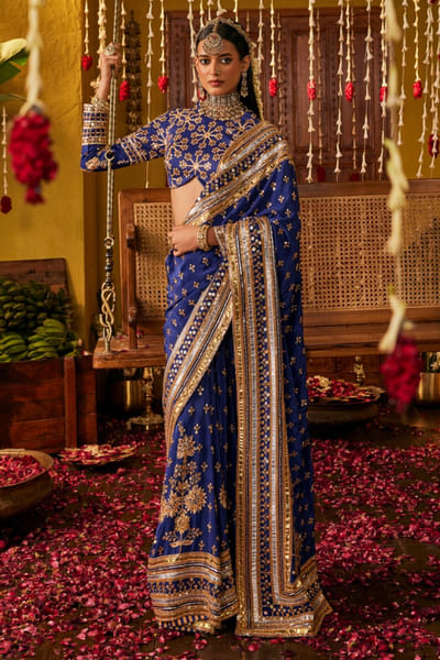 Royal blue mirror-zardozi embroidered sari set
