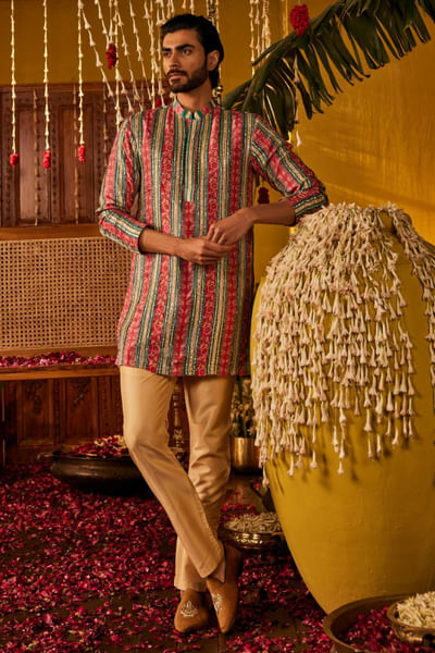 Pink and green stripe hand embroidered kurta