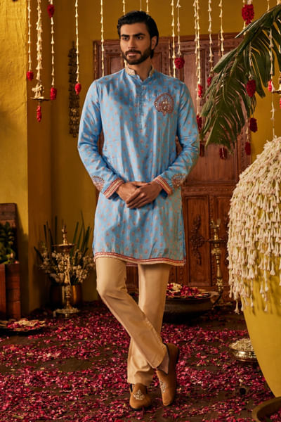 Sky blue printed and embroidered kurta