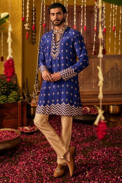 Royal blue printed and embroidered kurta