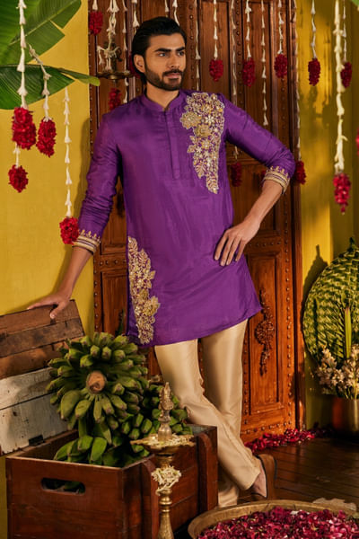 Purple and gold hand embroidered kurta