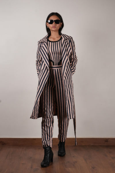 Pink-black stripe block printed trench jacket