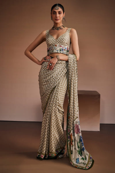 The Royaleum Atelier Beige printed hand-embroidered sari set THERJUN26D148251