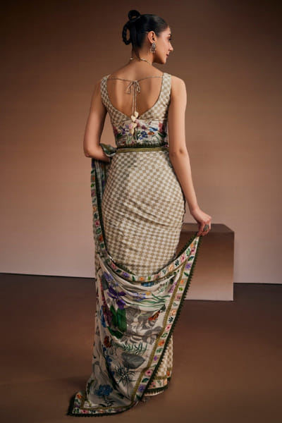 The Royaleum Atelier Beige printed hand-embroidered sari set THERJUN26D148251