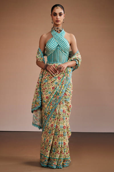 The Royaleum Atelier Multicolour floral print lace border sari set THERJUN26D148252