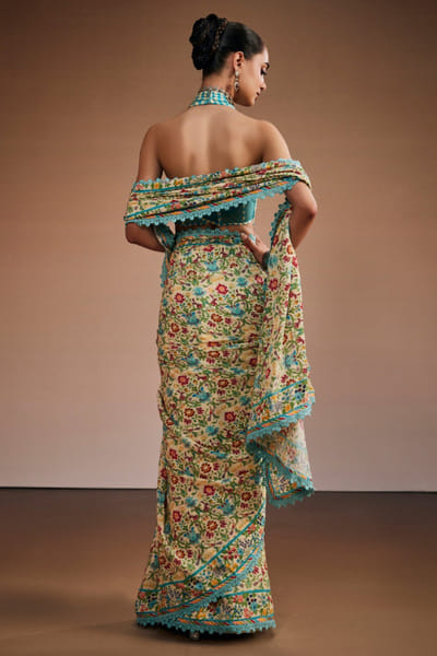 The Royaleum Atelier Multicolour floral print lace border sari set THERJUN26D148252