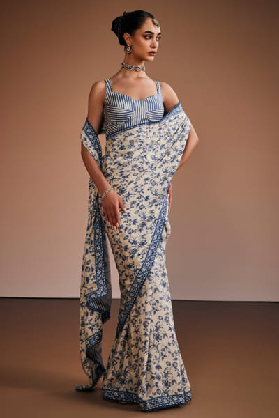 The Royaleum Atelier Ivory blue floral print sari set THERJUN26D148254