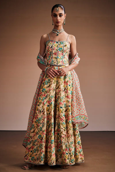 The Royaleum Atelier Cream floral print corset and sharara set THERJUN26D148256