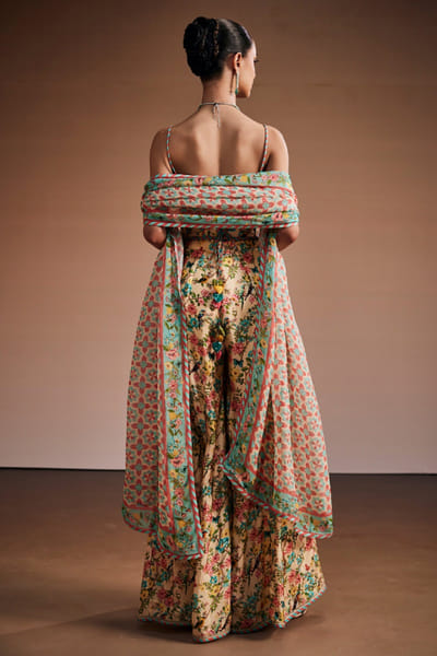 The Royaleum Atelier Cream floral print corset and sharara set THERJUN26D148256