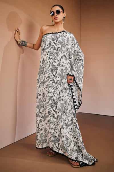 The Royaleum Atelier Black-white floral print one shoulder kaftan THERJUN26D148260