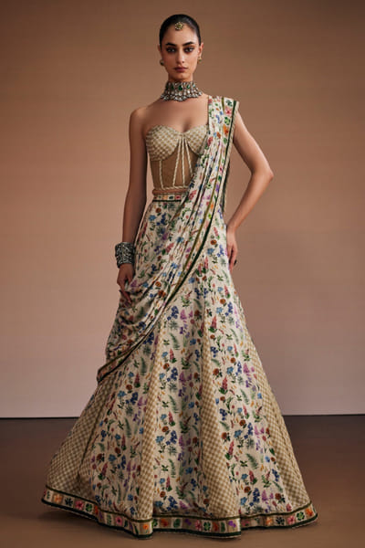 The Royaleum Atelier Beige floral-checks print lehenga-corset set THERJUN26D148255