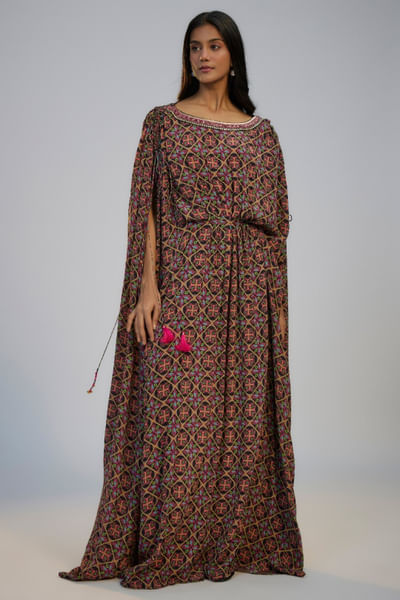 Multicolour printed and draped kaftan