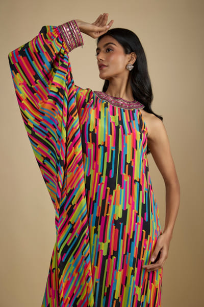 Multicolour printed one-shoulder kaftan