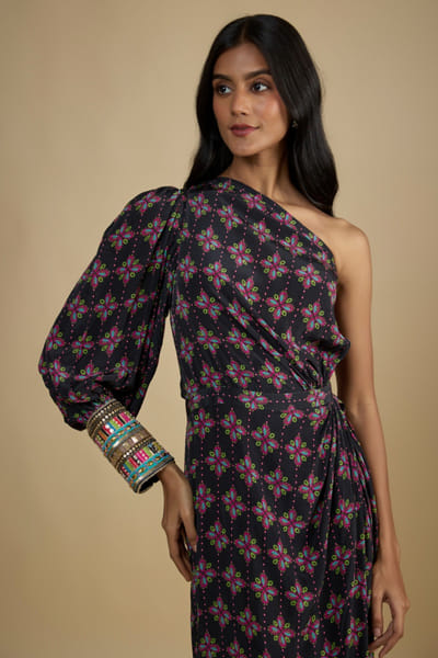 Black Printed one shoulder dress