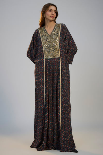 Black printed and embroidered kaftan