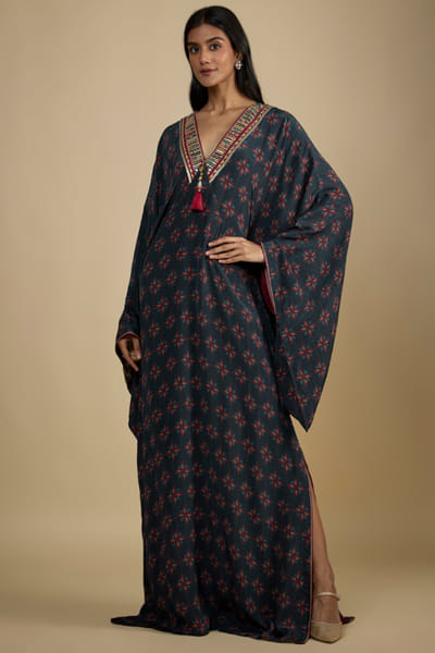 Navy blue printed and embroidered kaftan