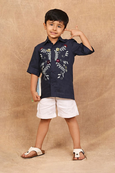 Indigo floral hand embroidered linen shirt