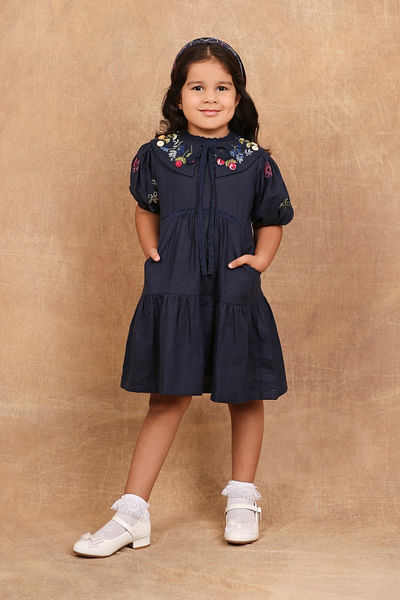 Indigo floral hand embroidered linen dress