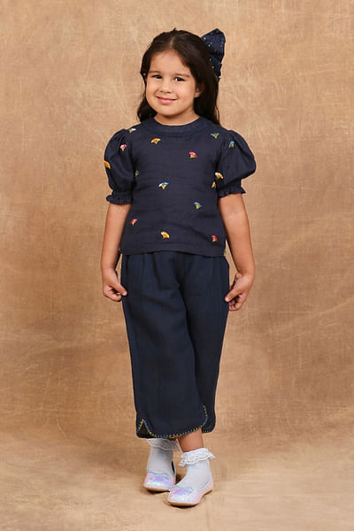 Indigo floral embroidered linen co-ord set