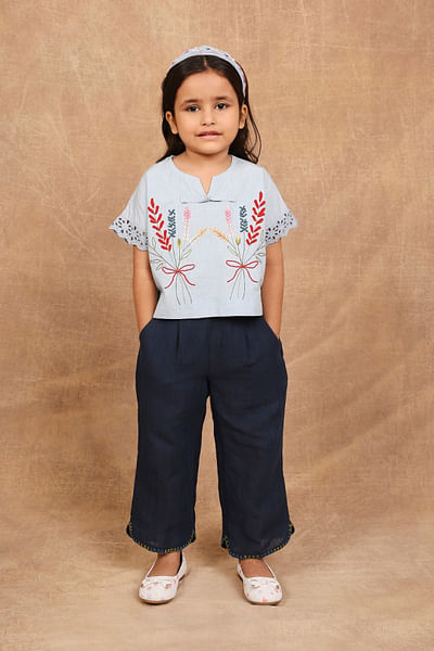 Ice blue-indigo floral embroidered co-ord set