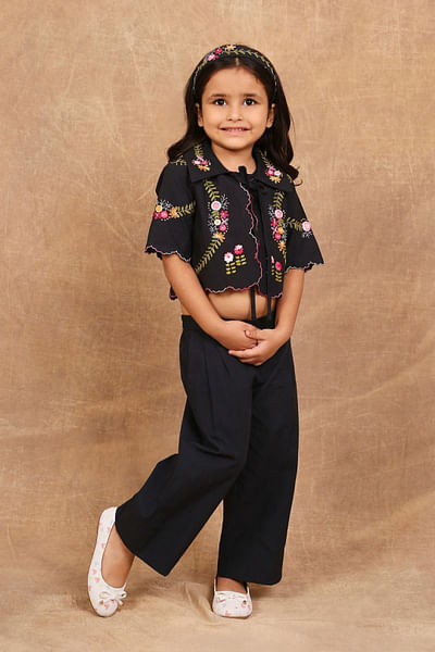 Charcoal black floral embroidered jacket set