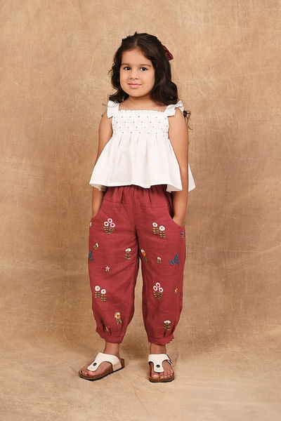 White-earthy red floral embroidered co-ord set