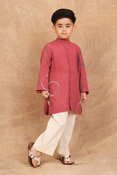 Earthy red hand embroidered linen kurta