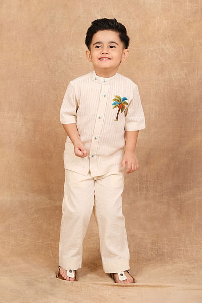 Ivory coconut tree hand embroidered shirt