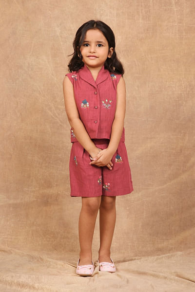 Earthy red floral embroidered linen co-ord set