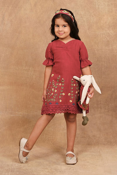 Earthy red floral embroidered linen dress
