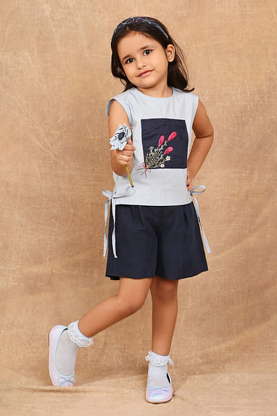 Ice blue-indigo floral embroidered co-ords