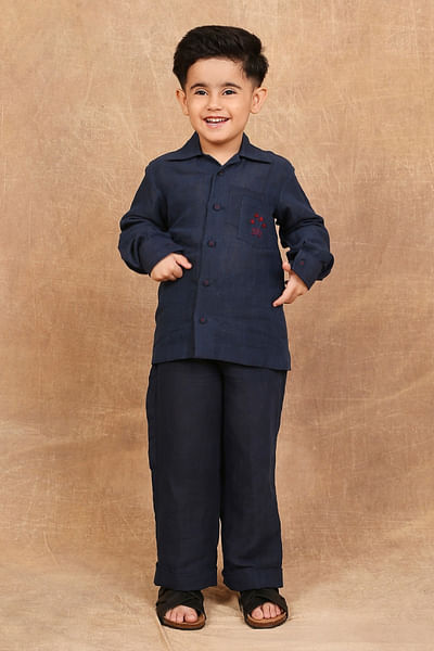 Indigo floral embroidered linen shirt