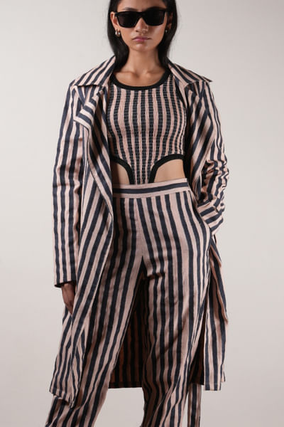 Pink and black stripe block printed jacket set