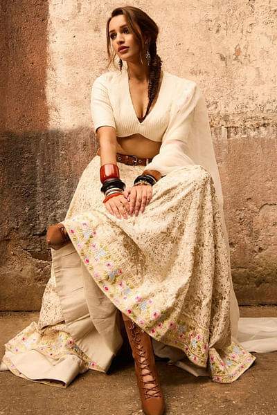 Ivory and beige floral embroidered lehenga set