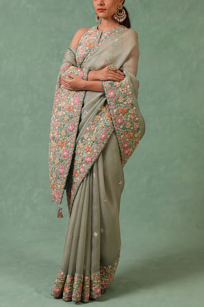 Fern green embroidered sari set