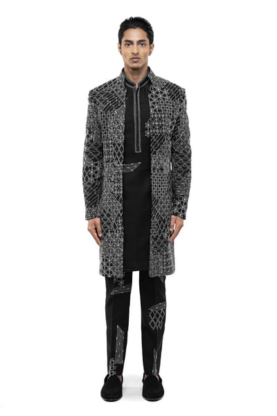 Black thread embroidered open sherwani set