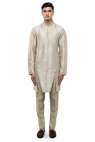 Beige asymmetric linen kurta set