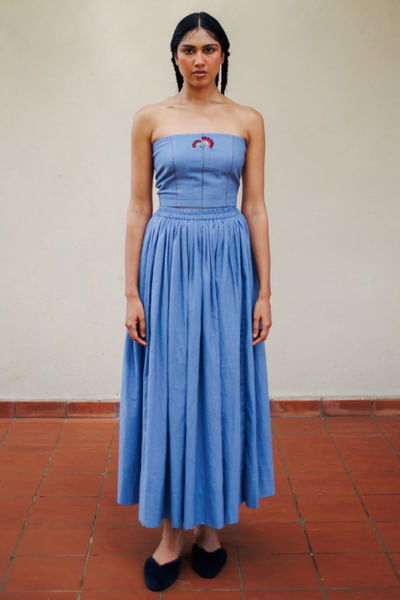Blue solid gathered skirt