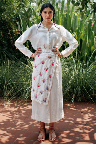 Ivory aari embroidered silk overlay