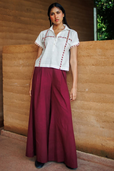 Burgundy flared trousers
