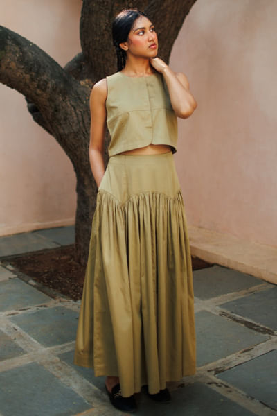 Olive green gathered midi skirt