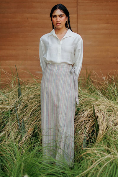 Striped tie-up wrap skirt