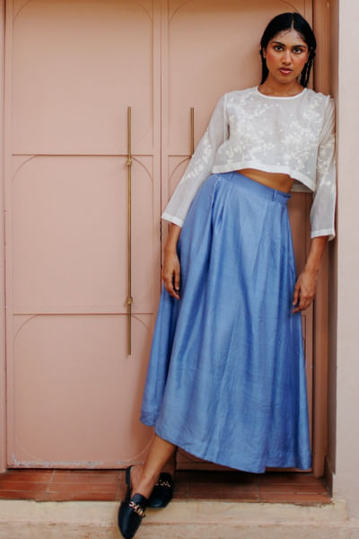 Blue pleated silk skirt