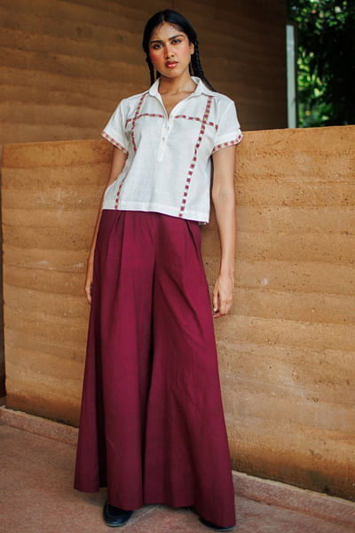 Ivory and burgundy embroidered top and pants