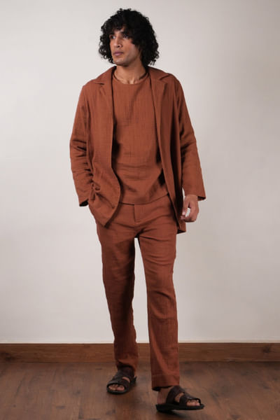 Brown crushed cotton jacket set