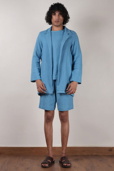 Blue crushed cotton shawl jacket set