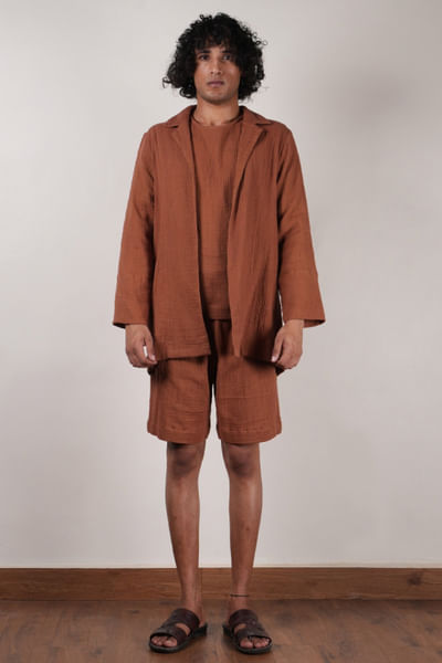 Brown crushed cotton shawl jacket set