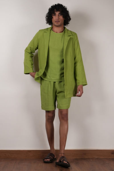 Green crushed cotton shawl jacket set