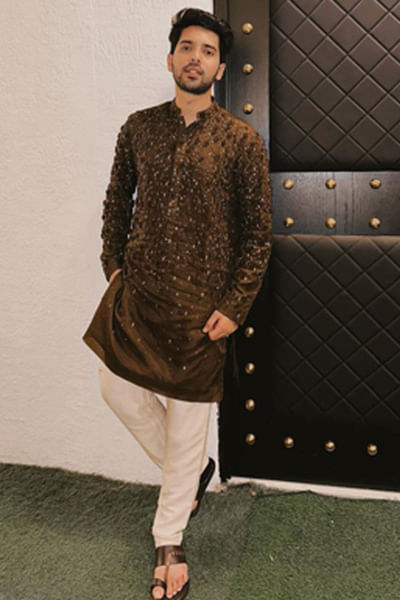 Brown applique embroidered kurta set