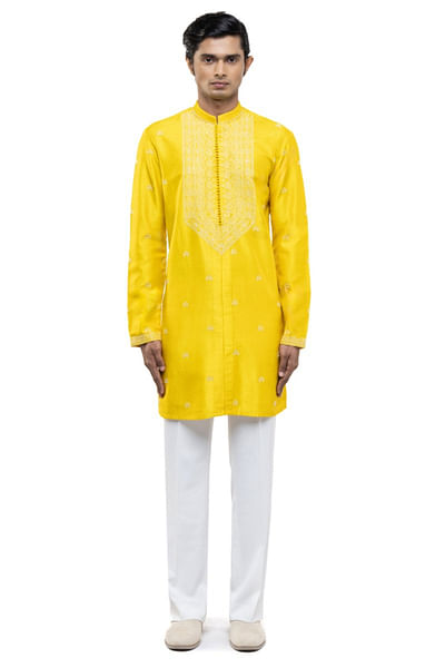Yellow thread embroidered kurta set